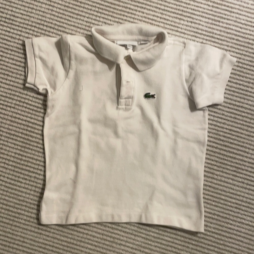 Lacoste kids white pique polo. 3t but runs very small (more like 2t)